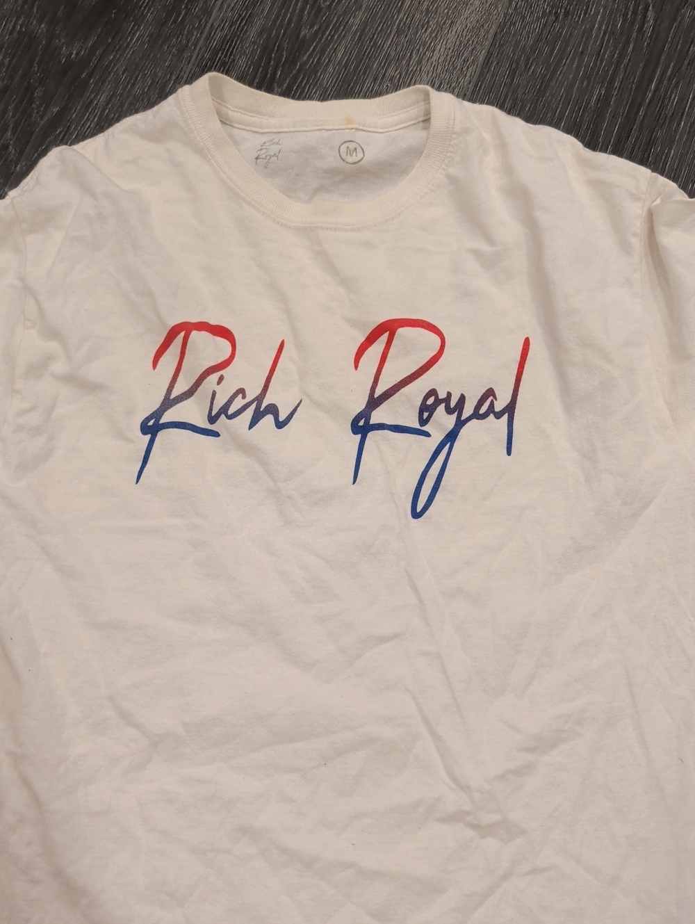 Women's White Graphic Tee with Red-to-Blue Rich Royal Script
